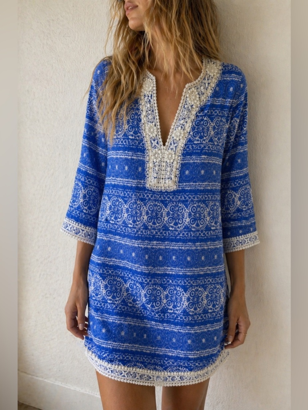Bella‎ Tu Blue White Embroidered Cotton Tunic Dress Small Boho Resort Beach